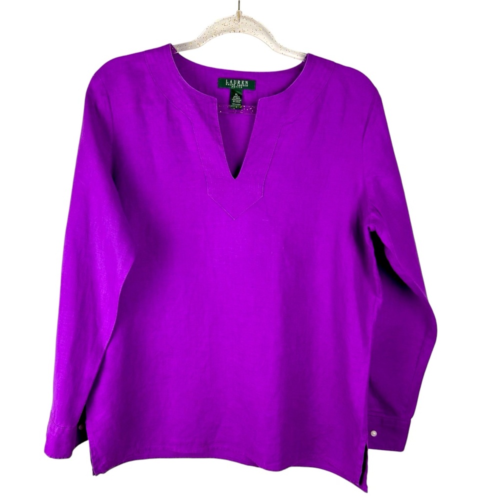 Lauren Ralph Lauren Women’s size PL Large Purple Roll Tab Sleeve 100% Linen Top